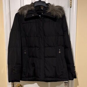 NWT Calvin Klein Black Puffer Jacket with Faux Fur Trim